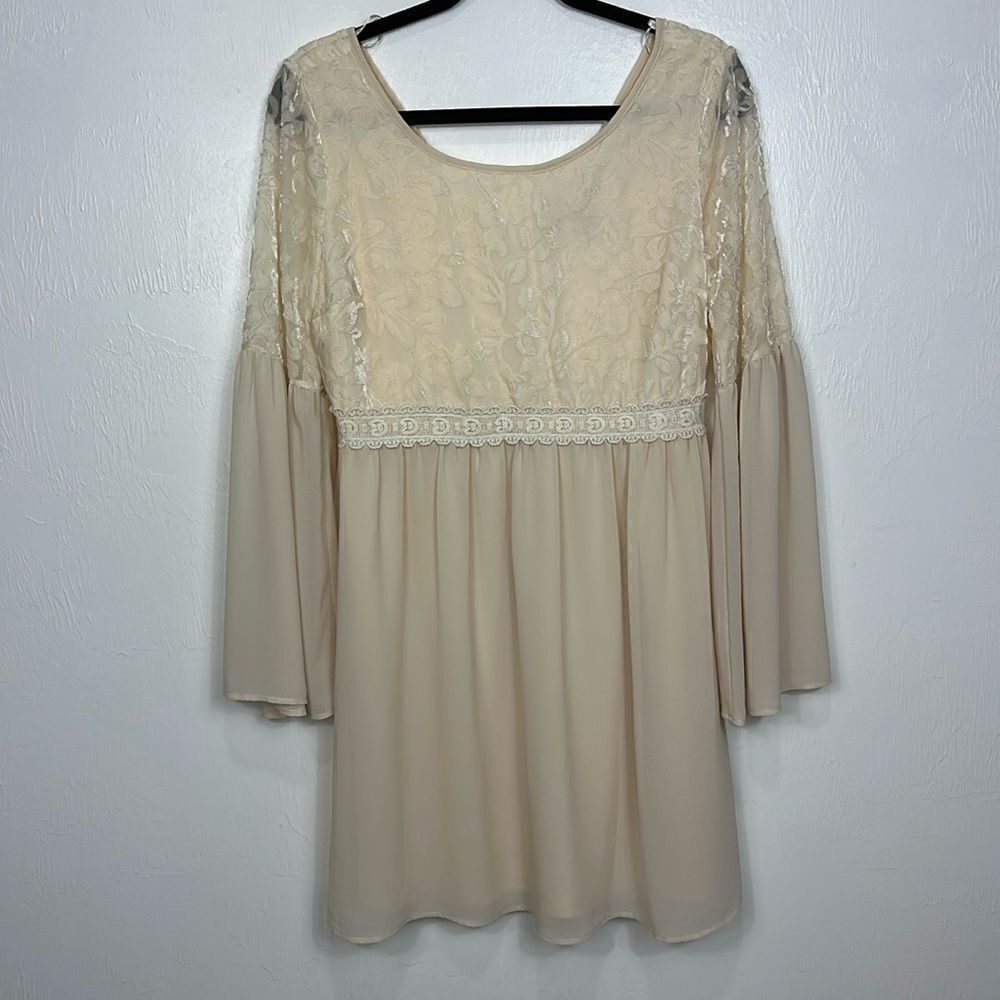 Flying Tomato Romantic Boho Country Burnout Velvet Bell Sleeve Flowy Dress Sz L
